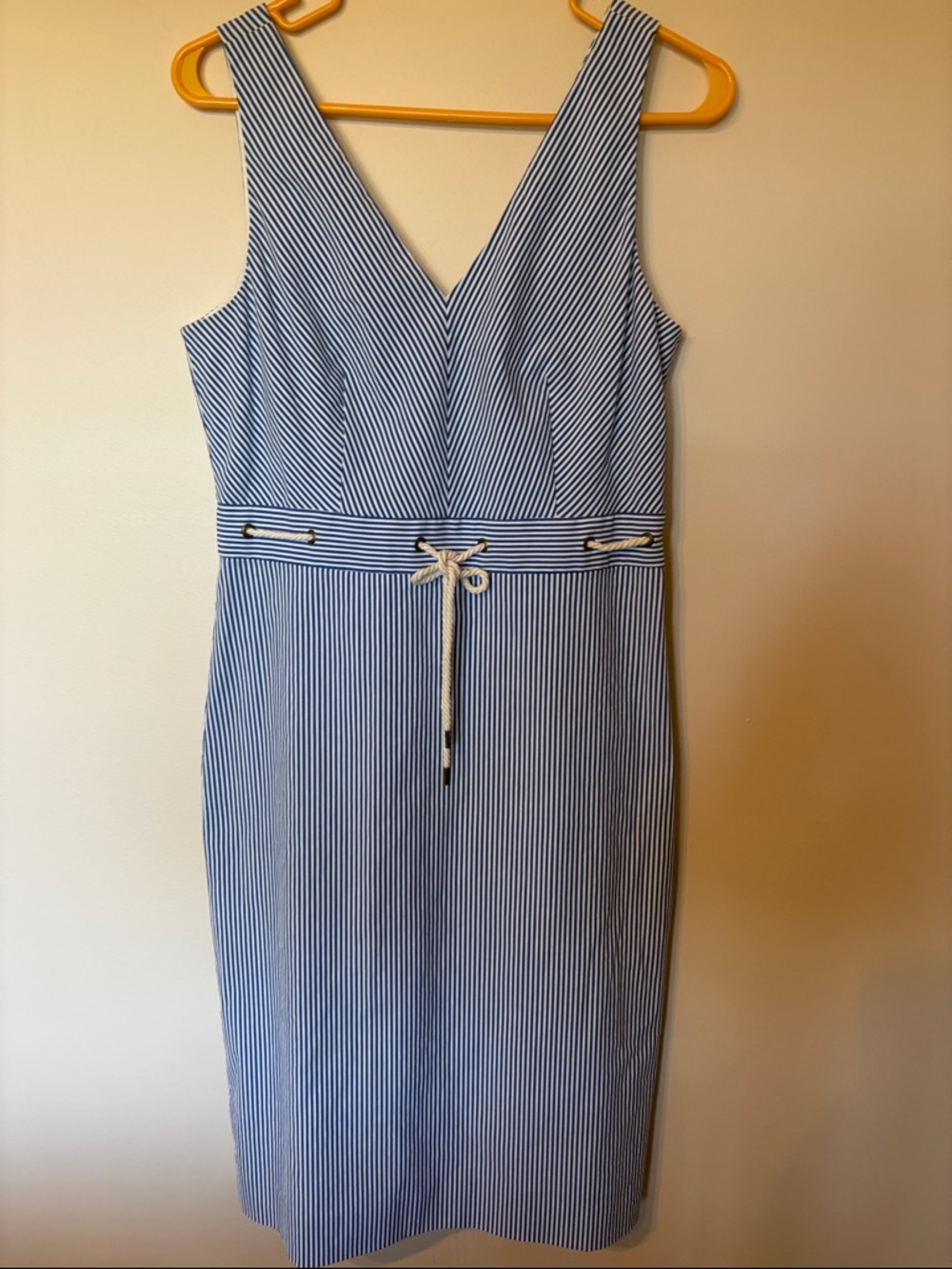 J. Crew Blue and White Striped V-Neck Midi Dress with Rope Waist